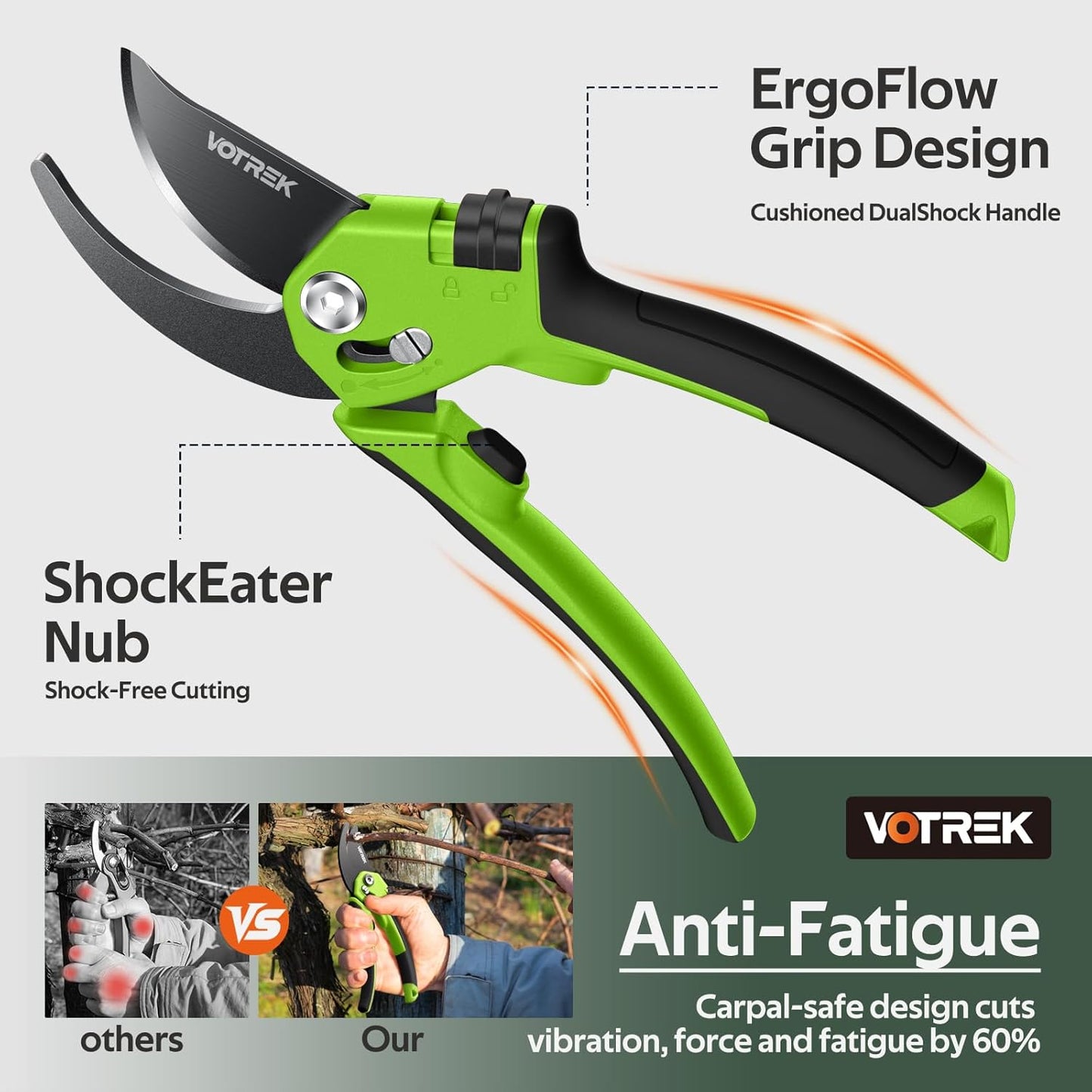 VOTREK® Pruning Shears, [Patented Stepless Handle Opening] - Garden Clippers with Ultra-Sharp SK5 Steel for Weak Hand, Bonsai Scissor Universal Fit for All Hand Sizes, Effortlessly Cut 1-Inch Branches