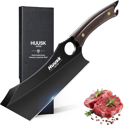 Huusk Japanese Chef Knife Set - Hand Forged Kitchen Knives for Meat Cutting - ATS-34 Carbon Steel Knives Set with Wooden Handle - Viking Cooking Knife Sets for BBQ Christmas Gift for Men and Women