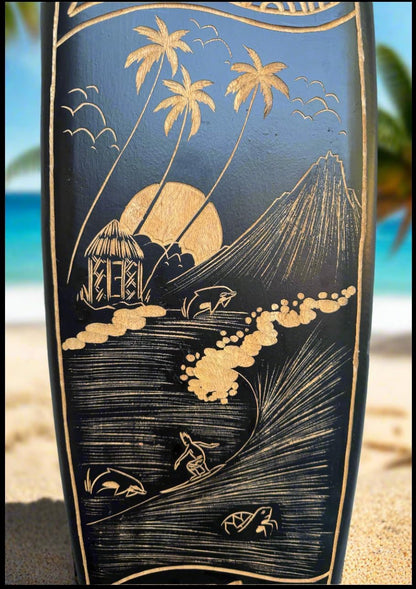 The Tiki Stop Hand Carved Wooden Surfboard Wall Plaque, Tropical Island Scene with Sea Turtle and Hibiscus, 39 x 10 inches