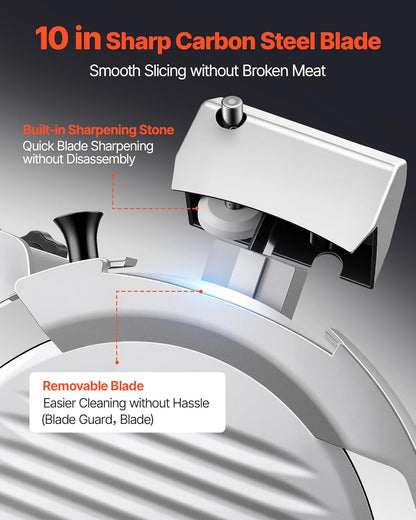 VEVOR Fully Automatic Meat Slicer, 180W + 370W Commercial Food-Slicer with 10" Carbon Steel Blade, Built-In Sharpener & 0-0.3" Adjustable Thickness for Frozen Meat, Ham, Baguett, Steak