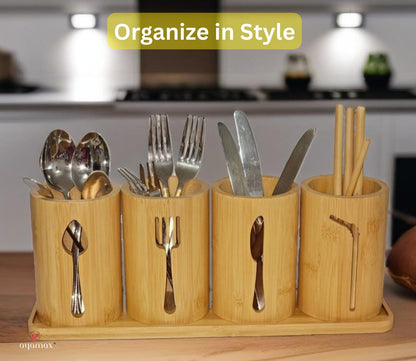 Bamboo Cutlery Holder Set - 3 Kitchen Utensils Holder Organiser with Bamboo Tray | Decorative Kitchen Countertop Stand | Knife, Fork and Spoon Holders
