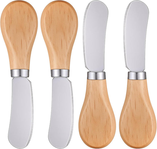 Thinp 4 Pcs Cheese Spreader Knives, Stainless Steel Butter Knife with Wooden Handles Small Cheese Knives Multipurpose Spreaders for Spreading Jam, Pastry, Cheeses (Silver)