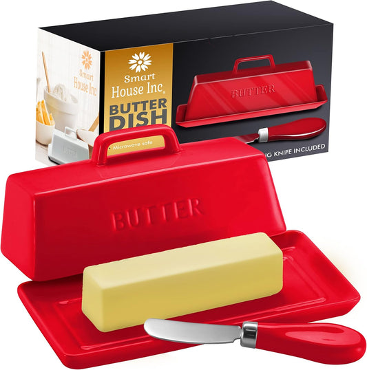 Ceramic Butter Dish Set with Lid and Knife - [White]- Decorative Butter Stick Holder with Handle for 1 Stick of Butter - Microwave Safe, Dishwasher Safe - Anti-Scratch Stickers Included