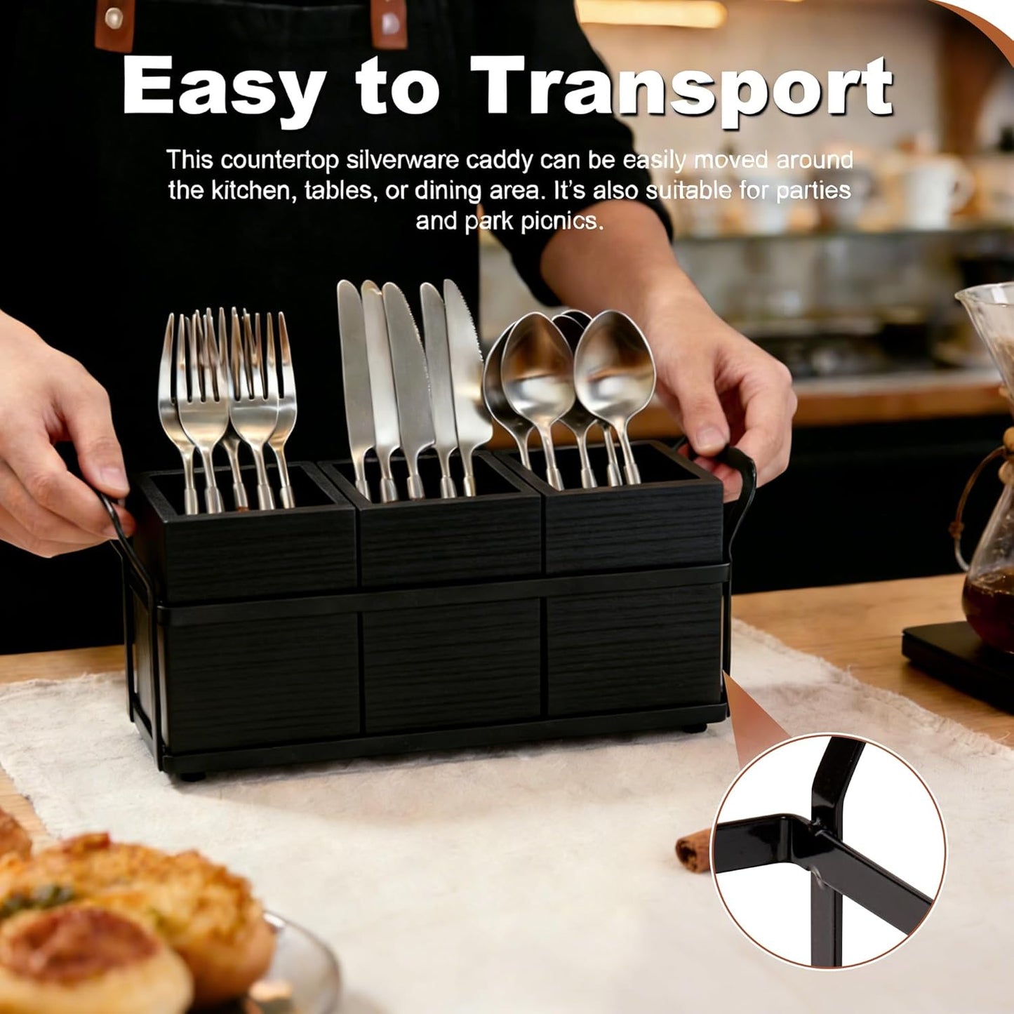 Kitchen Utensil Holder for Countertop, 3 Compartments Wooden Utensils Organizer for Cooking Utensils, Silverware, Spatula, Fork, Knife, Cutlery Storage for Kitchen Counter-White