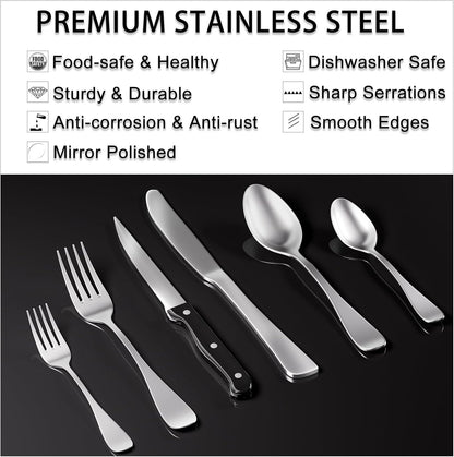 JUNLIN 49 Pieces Black Silverware Set with Steak Knives, Stainless Steel Silverware with Organizer Flatware Utensils Set for 8, Forks and Spoons Silverware Set Cutlery Set
