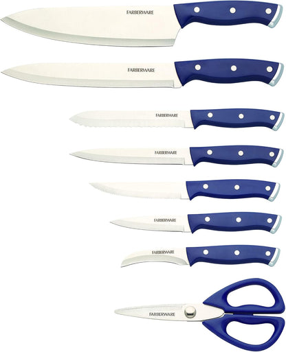 Farberware Edgekeeper Triple Riveted Slim Knife Block Set with Built in Sharpener, 14-Piece, Navy