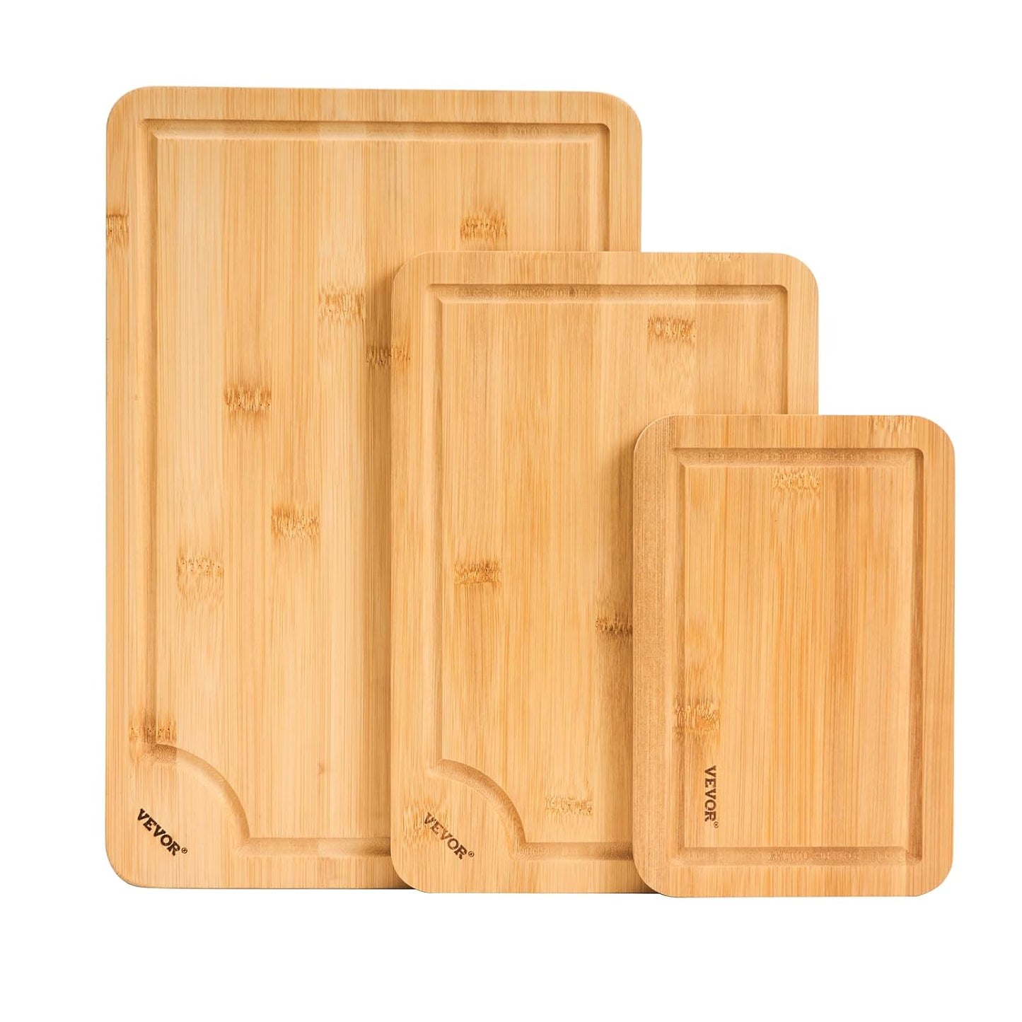 VEVOR Cutting Board 3 Pieces, Premium Versatile Bamboo Cutting Board, Food-Grade Oil and Juice Groove,Sturdy Durable Chopping Board, Built-in Handle, Wooden for Display Chopping Serving