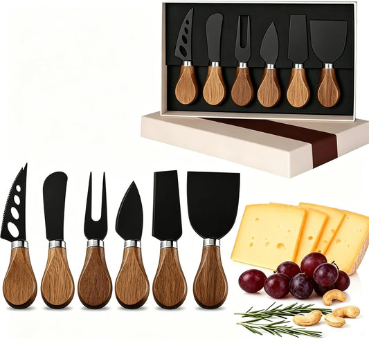 6 Piece Cheese Knives Set with Wooden Handle, Mini Steel Stainless Cheese knife set for Charcuterie and Cheese spread, Perfect for Cheese Slicer and Butter Cutter (Cheese Knife Set-6)
