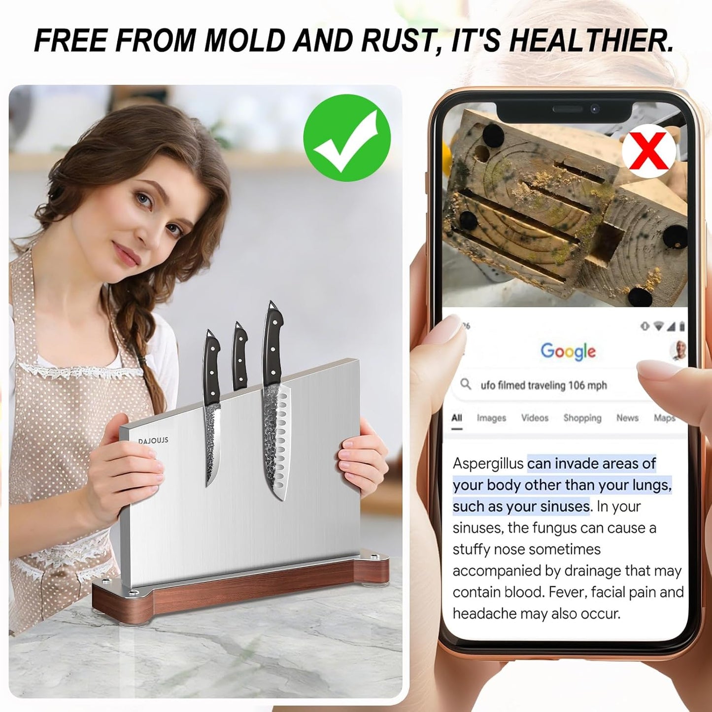 Magnetic Knife Holder, Stainless Steel Magnetic Knife Block without Knives, Strong Double Sided Magnet Knife Storage Strip with Wood Base for Kitchen Counter-Silver