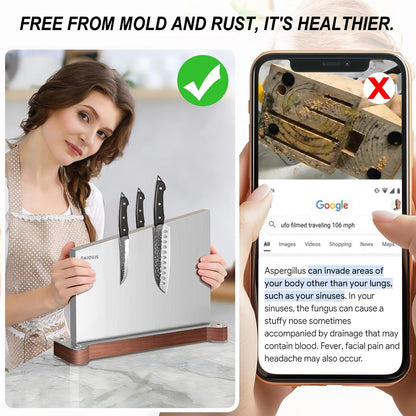 Magnetic Knife Holder, Stainless Steel Magnetic Knife Block without Knives, Strong Double Sided Magnet Knife Storage Strip with Wood Base for Kitchen Counter-Silver