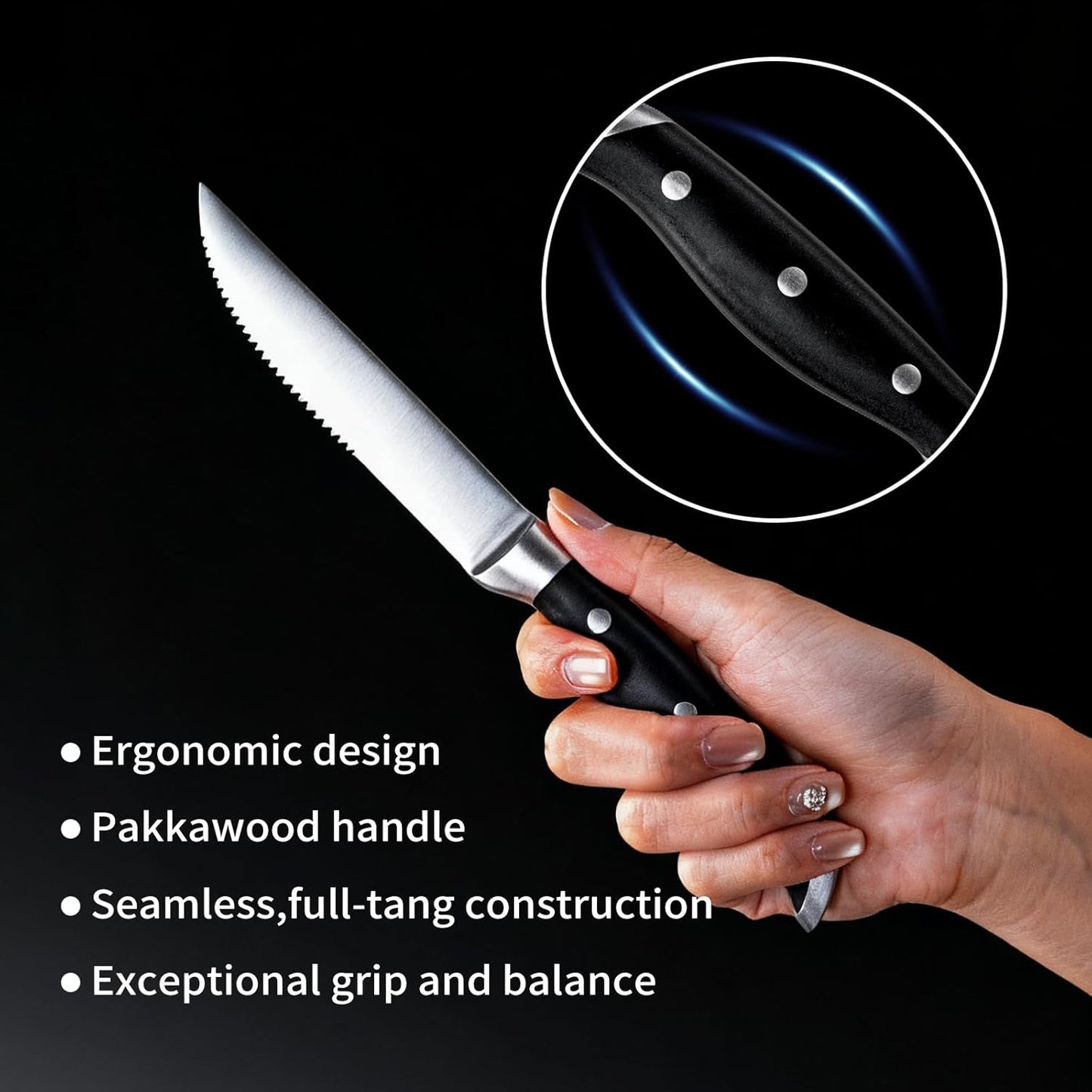 4.5 Inch Steak Knife Set of 4, Knives Set for Kitchen, Paring Knife, Stainless Steel Serrated Knife, Lacquered Wood, Black