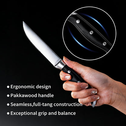 4.5 Inch Steak Knife Set of 4, Knives Set for Kitchen, Paring Knife, Stainless Steel Serrated Knife, Lacquered Wood, Black