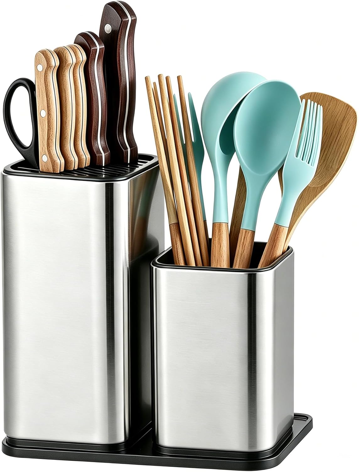 Universal Knife Block, 3-in-1 Stainless Steel Knife Holder and Utensil Holder, Extra Stable Non-Slip Base Kitchen Organizer for Countertop Storage, Space Saving Caddy for Knives, Spoons, Fork