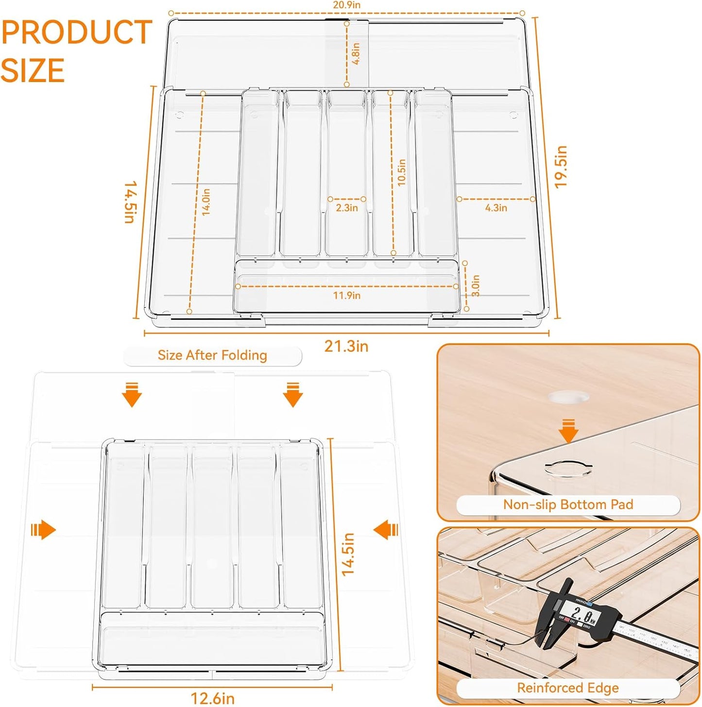 Yieach Clear Large Expandable Silverware Organizer and Kitchen Utensil Drawer Organizer,Plastic Adjustable Silverware Tray for Drawer Cutlery,Spatula,Tools,Flatware Organizers,Fork and Spoon Holder