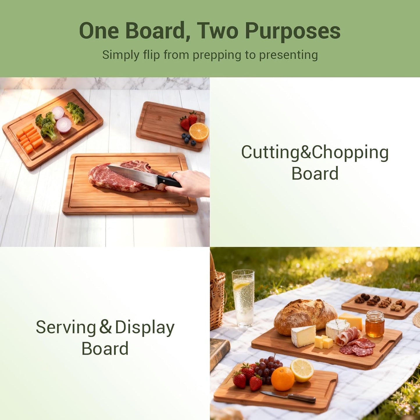Bamboo Cutting Board Set, 3-Piece Carbonized Wood Cutting Boards with Deep Juice Groove, Non-Slip Feet & Handles – Durable Cutting Board for Meat, Vegetables, Fruits, Charcuterie, Ideal Kitchen Gift