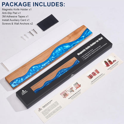 ENOKING Magnetic Knife Holder for Wall 16 Inch, Acacia Burl Wood & Black Resin Magnetic Knife Strip Bar, Powerful Magnet Kitchen Knife Storage Rack, Space-Saving Wall Mounted Organizer
