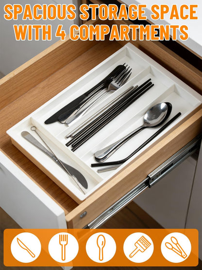 Silverware Drawer Organizer Tray, Adjustable Small Utensil Holder for Spoon and Fork, Expandable Flatware Cutlery Tray for Kitchen Drawers (Black)