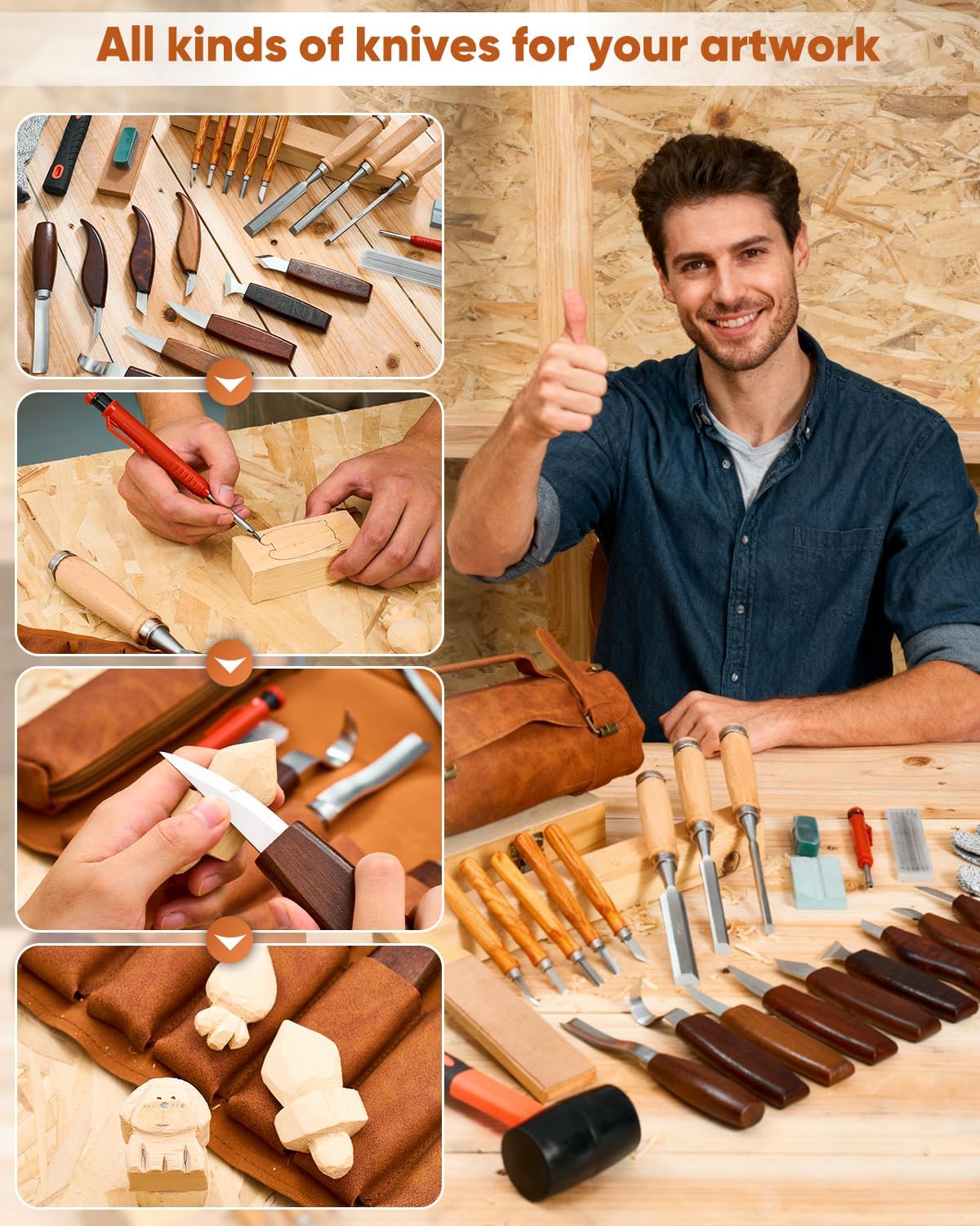 Deluxe Wood Carving Kit, 25 Piece Wood Carving Tools with Thick Leather Storage Bag,Wood Whittling Tools -Ideal Woodworking Tools and Hobbies for Beginners Enthusiasts Gift DIY