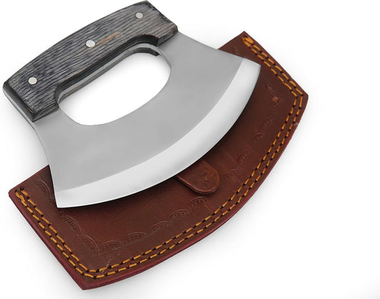 Handmade Ulu Knife Pizza Cutter Mezzaluna Knife with sheath Rocker Boning Knife for Slicing, Chopping, Camping, Outdoor, Kitchen
