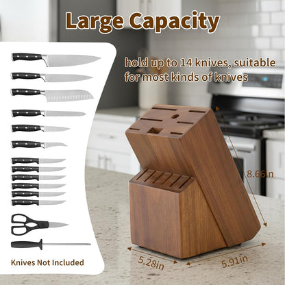 14-Slot Knife Block Compatible with Cuisinart,Rubberwood Block Knife Storage Organizer for Kitchen,Anti-Slip And Drainage Base