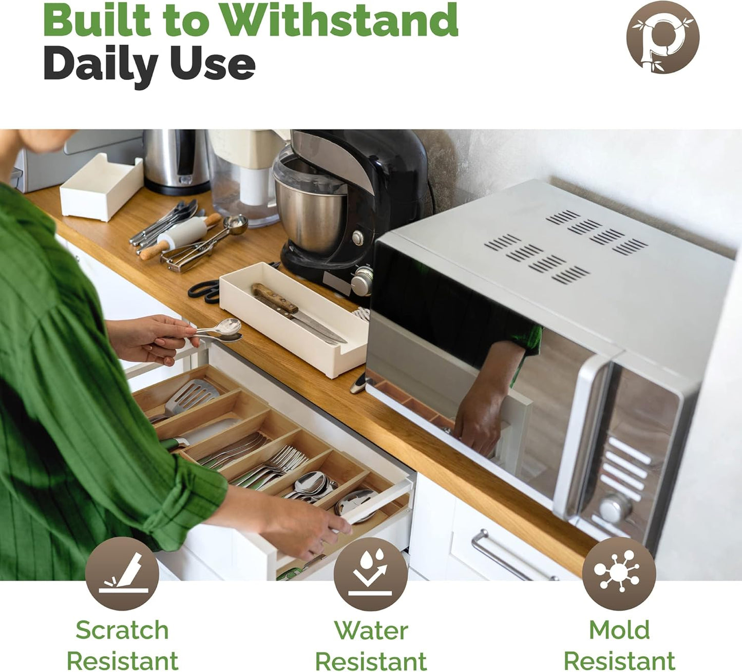 Pristine Bamboo Silverware Organizer - Small Extra-Deep Wooden Kitchen Drawer Organizer Divider for Spoons, Forks, Knives & Cutleries - 5 Slots