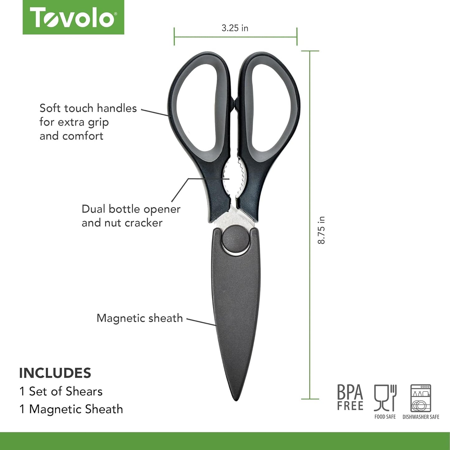 Tovolo Elements All Purpose Kitchen Shear with Cover Sheath Heavy Duty Meat Poultry Sharp Kitchen Utility Scissor Dishwasher Safe Soft Comfort Grip Silicone Handle Magnetic Sheath, Black & Blue Haze