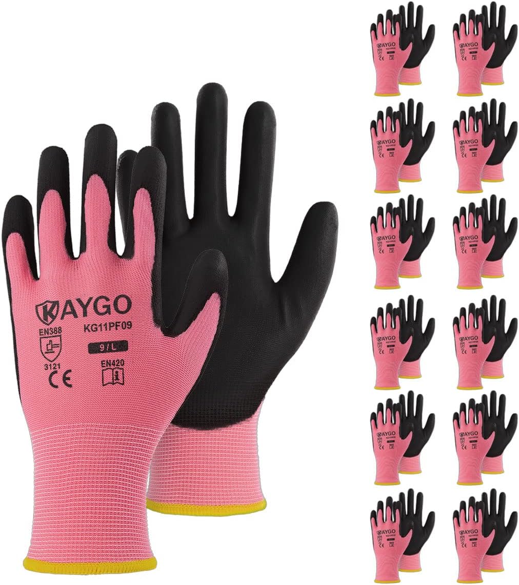 KAYGO Work Gloves for Men and Women,12 Pairs Seamless Knit PU Coated Safety Gloves, with Smooth Grip on Palm and Fingers, Ideal for Light Warehouse, Manufacturing, Gardening, KG11P (M, Black)