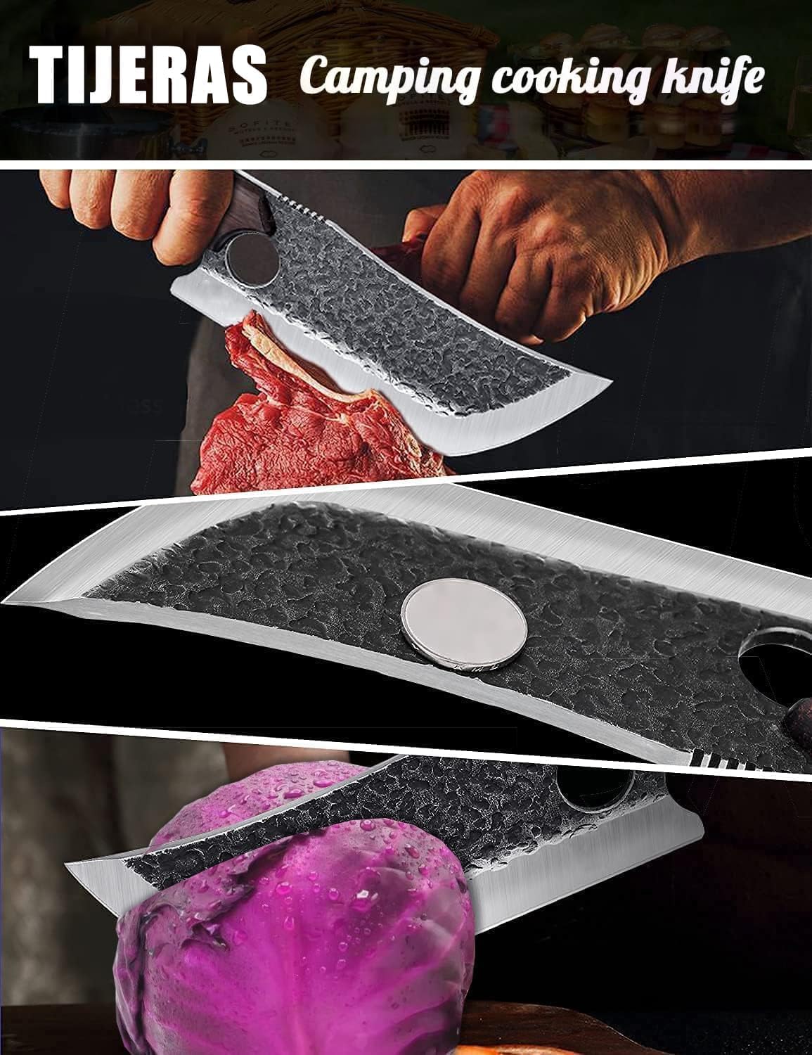 Huusk Chef Knife - Upgraded Viking Hand Forged Meat Cleaver With Sheath - Japanese Butcher Curved Boning Knife for Cutting, Cooking, Kitchen, Outdoor Camping, and BBQ, Gifts for Men Women