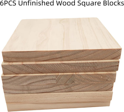 6PCS Unfinished Wood Square Blocks for Crafts, 6x6x1in Blank Wooden Squares Pine Wood Boards for Carving,DIY Wood Coasters,Painting & Burning