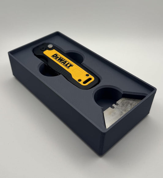 Gridfinity Compatible Insert with Blade Holder for DeWalt Retractable Utility Knife Organizer Tray, Dark Gray PLA, 4x2 Unit, Precision Fit for Model DWHT10991- TOOL NOT INCLUDED-
