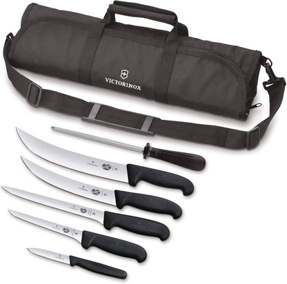 Victorinox Knife Set - Swiss Army Field Dressing Kit, 7-Piece Kitchen Knife Set, Kitchen Knives for Butcher/BBQ with Fibrox Handles, 10" Honing Steel and Case - Black