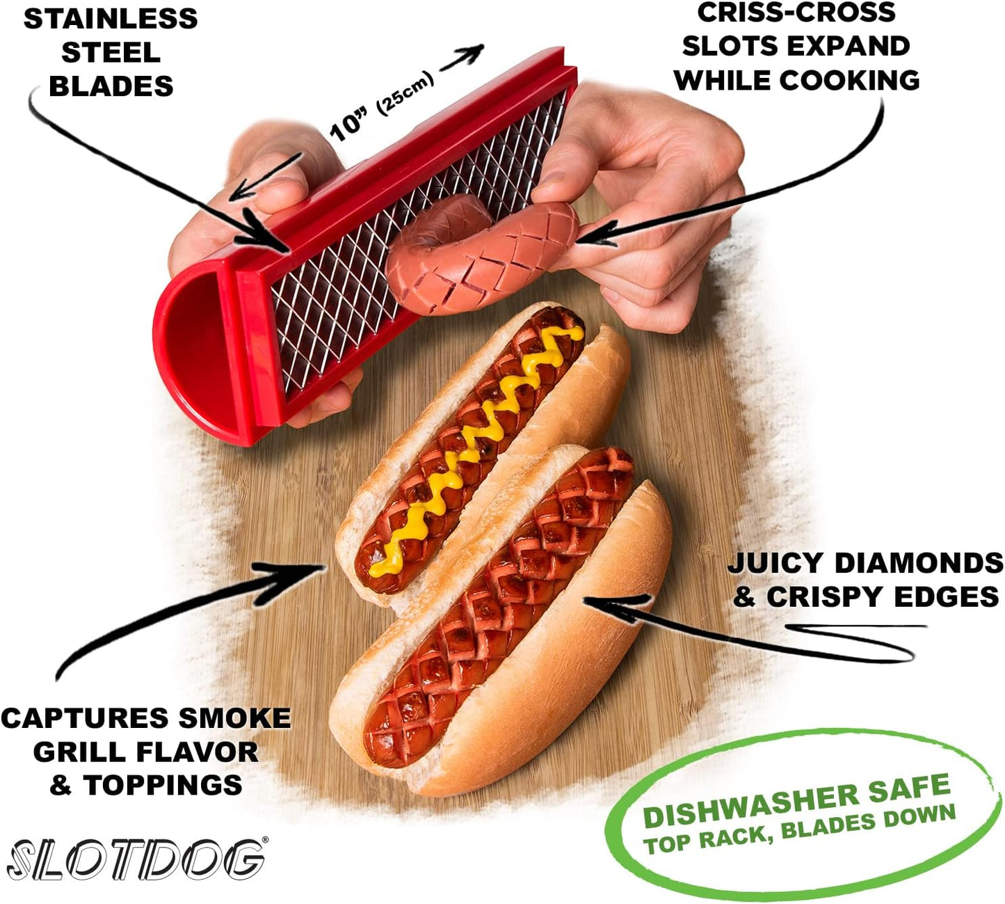 SLOTDOG - Hot Dog Slicing Tool - Stainless Steel Cutter Blades for Kitchen, Grilling, Tailgating, Camping and Backyard Outdoor BBQ - 10 inch - Red
