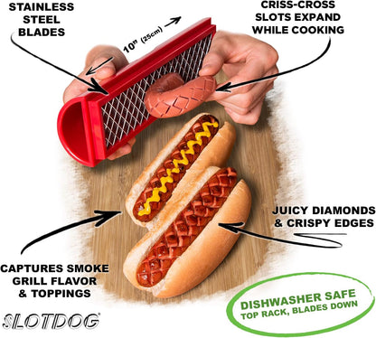 SLOTDOG - Hot Dog Slicing Tool - Stainless Steel Cutter Blades for Kitchen, Grilling, Tailgating, Camping and Backyard Outdoor BBQ - 10 inch - Red