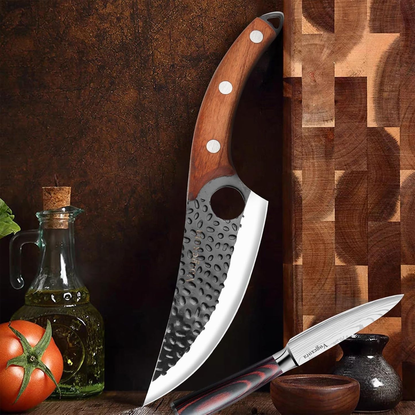 3PCS Butcher Chef Knife Set for Kitchen - Meat Cleaver & Paring Knife, Hand Forged High Carbon Steel Knives with Sheath for Home Cooking, Outdoor Camping, BBQ, Gift Idea for Men