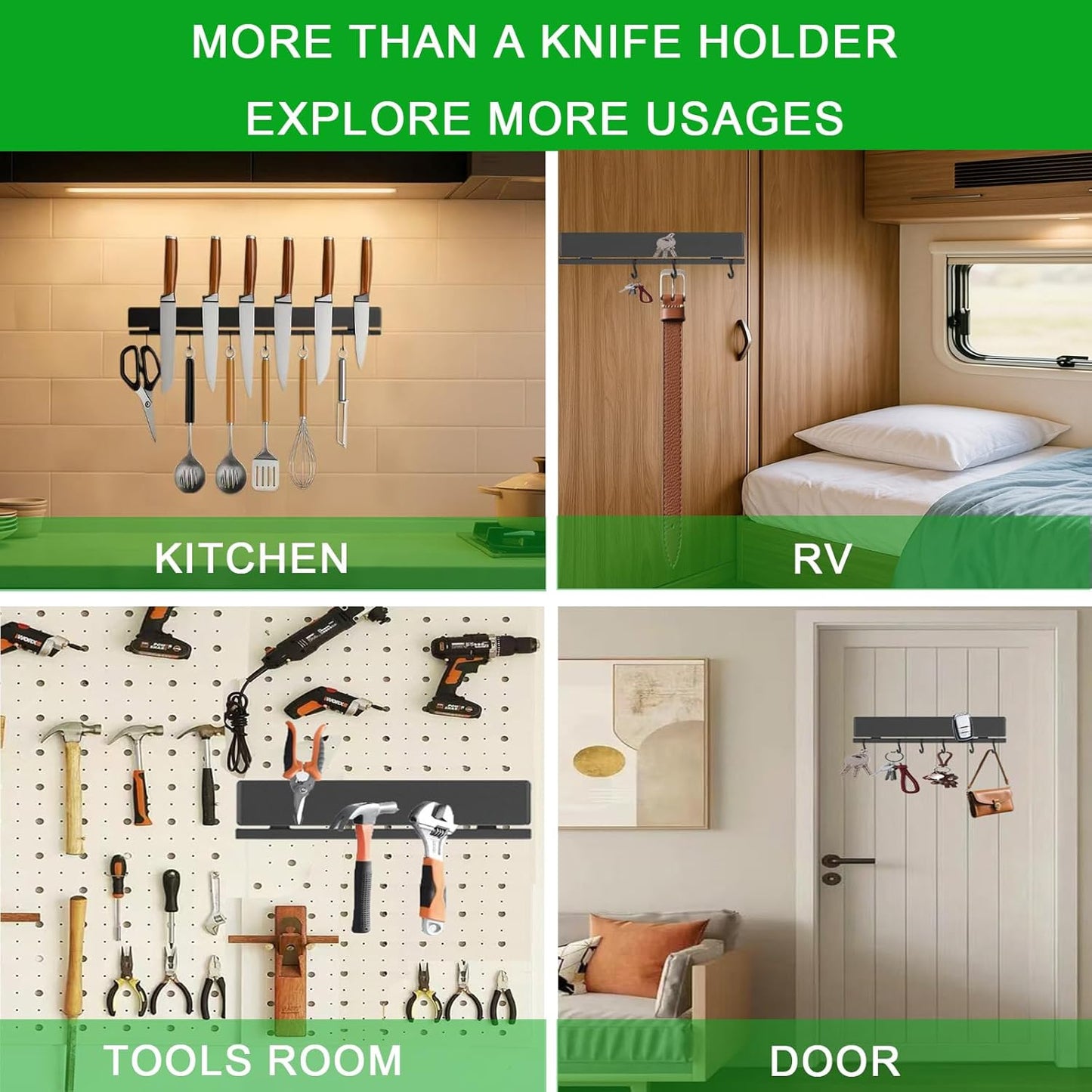 YIIYIIN Strong Magnetic Knife Holder for Wall, 17 Inch No-Drill Knife Strip with 12 Hooks & Adhesive, Holds Kitchen Utensils & Tools