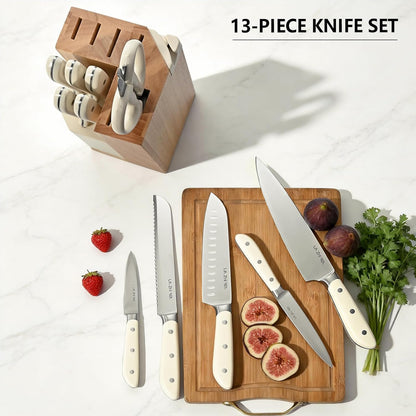 14-Piece Kitchen Knife Set with Detachable Block, High Carbon Stainless Steel Dishwasher Safe Knives, Includes Chef, Santoku, Bread, Steak Knives for Home Kitchen,White