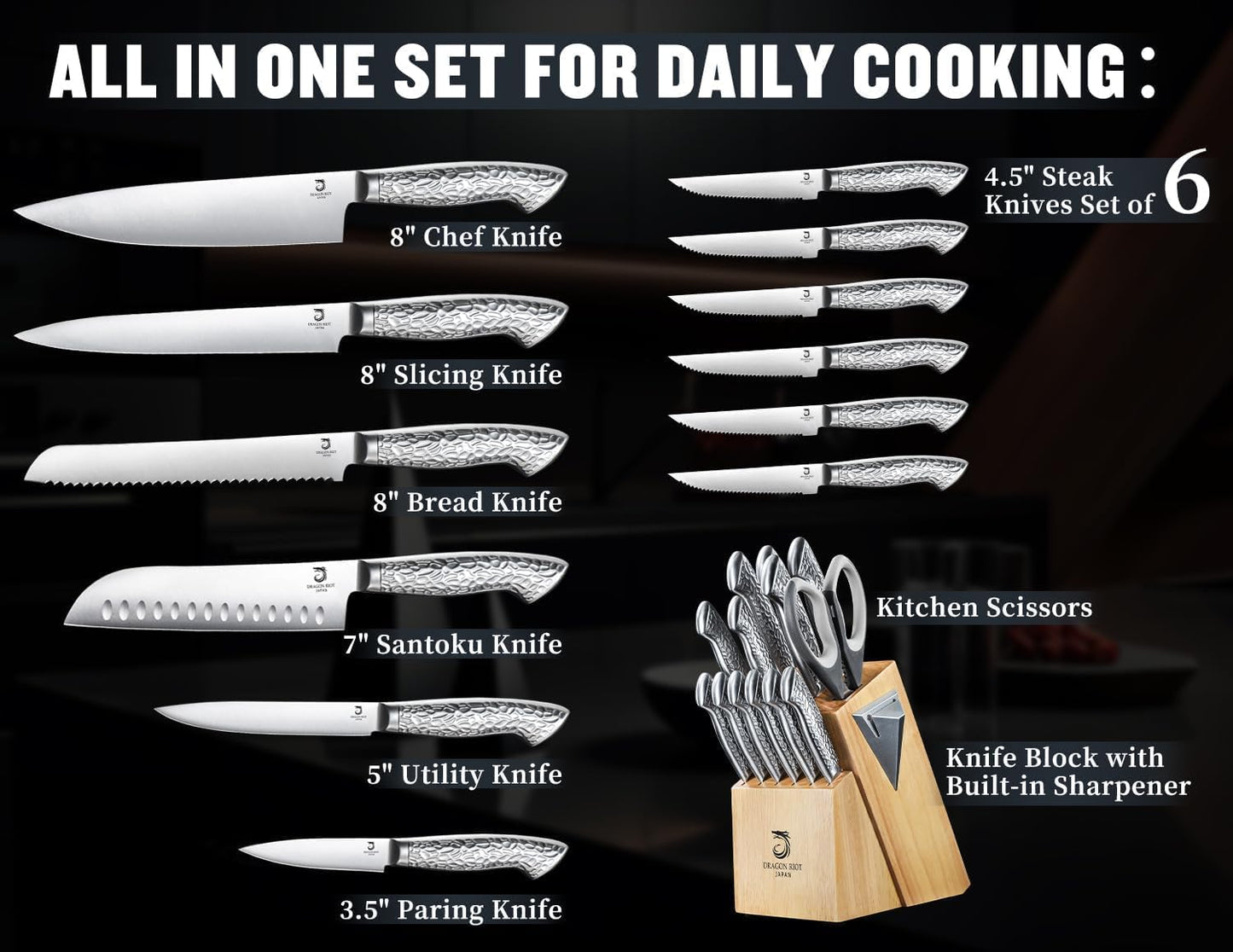 DRAGON RIOT Knife Set with Wood Block - Stainless Steel Kitchen Knives Block Set with Built in Sharpener, Dishwasher Safe, Non-Slip Ergonomic Handle - Gift for Men Women and Housewarming