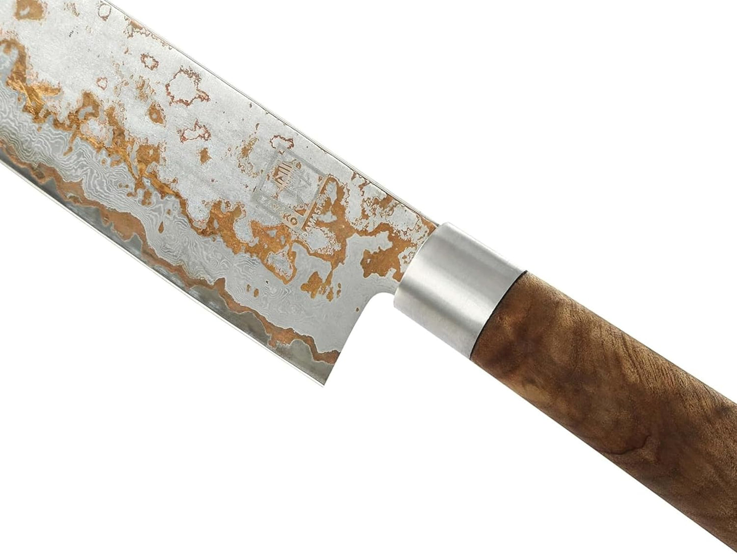 zayiko MysticMagma Nakiri Damascus Knife, 17 cm Blade made of 67 Layers of Damascus Steel with copper and bronze Inlay, DualCurve Handle made of maple root Wood, wooden Box