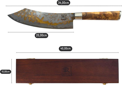 zayiko MysticMagma Nakiri Damascus Knife, 17 cm Blade made of 67 Layers of Damascus Steel with copper and bronze Inlay, DualCurve Handle made of maple root Wood, wooden Box