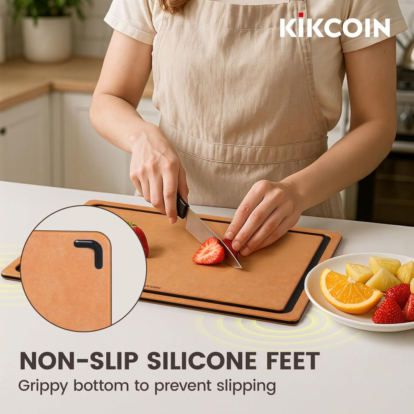 Kikcoin Wood Cutting Board, Cutting Boards for Kitchen Dishwasher Safe Non-slip Chopping Board with Juice Groove, Wood Fiber Composite Cutting Board with Hanging Hole, 14.6"*10.8"