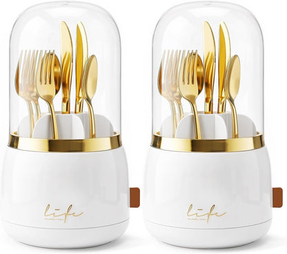 360° Utensil Holder Silverware Organizer with Lid,Kitchen Countertop Flatware Organizer and Countertop Storage(Fits Max 8.7" Utensils),Forks,Spoons Organizer,for Party,Coffee Bar,picnic (green)