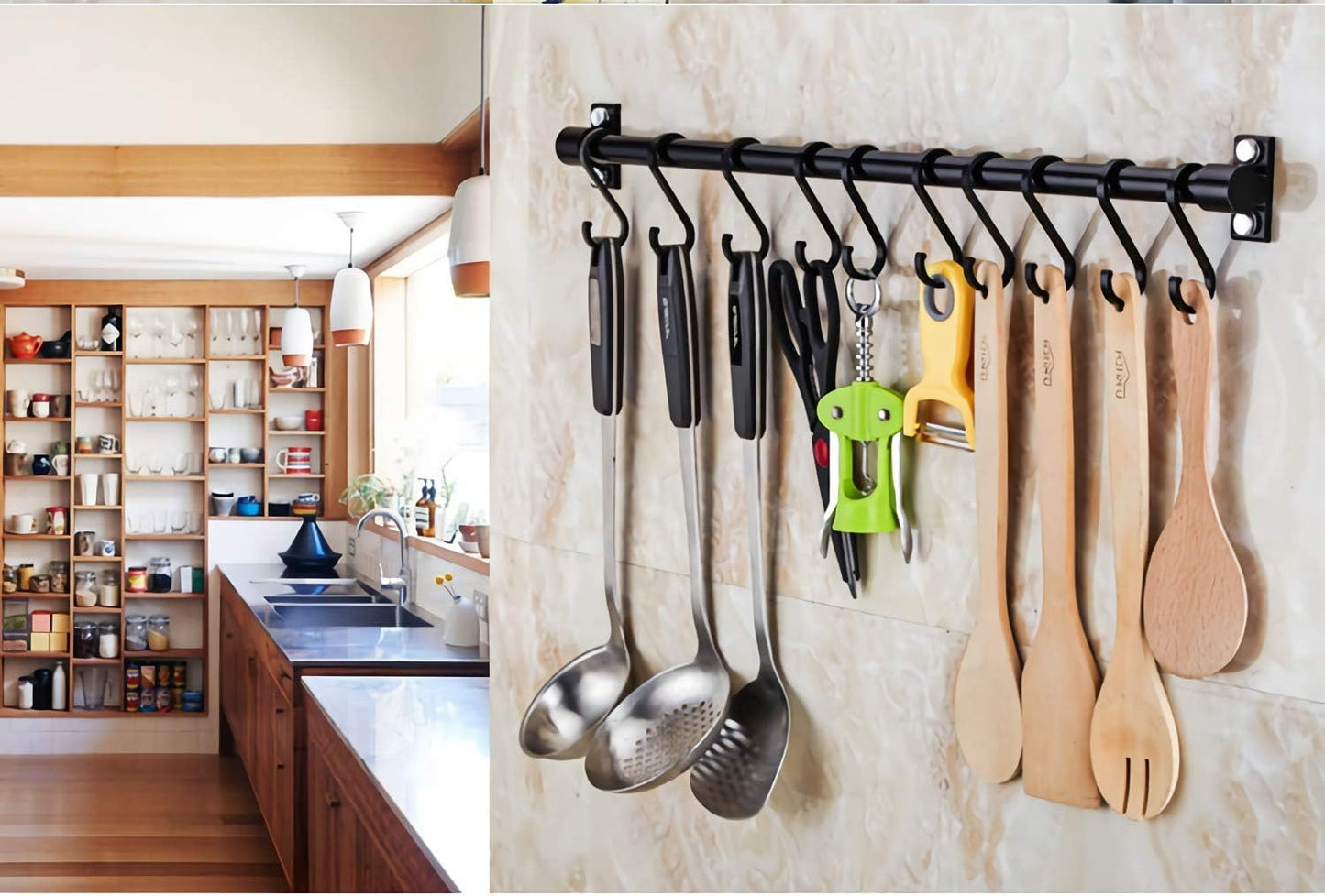 WONMILLE Gourmet Kitchen Utensil Rack with 6 Hooks, Wall Mounted Rail Wrought Iron Hanging Utensil Holder Rack with Removable S Hooks 16 Inch (Black-6 Hooks)