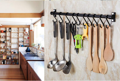 WONMILLE Gourmet Kitchen Utensil Rack with 6 Hooks, Wall Mounted Rail Wrought Iron Hanging Utensil Holder Rack with Removable S Hooks 16 Inch (Black-6 Hooks)