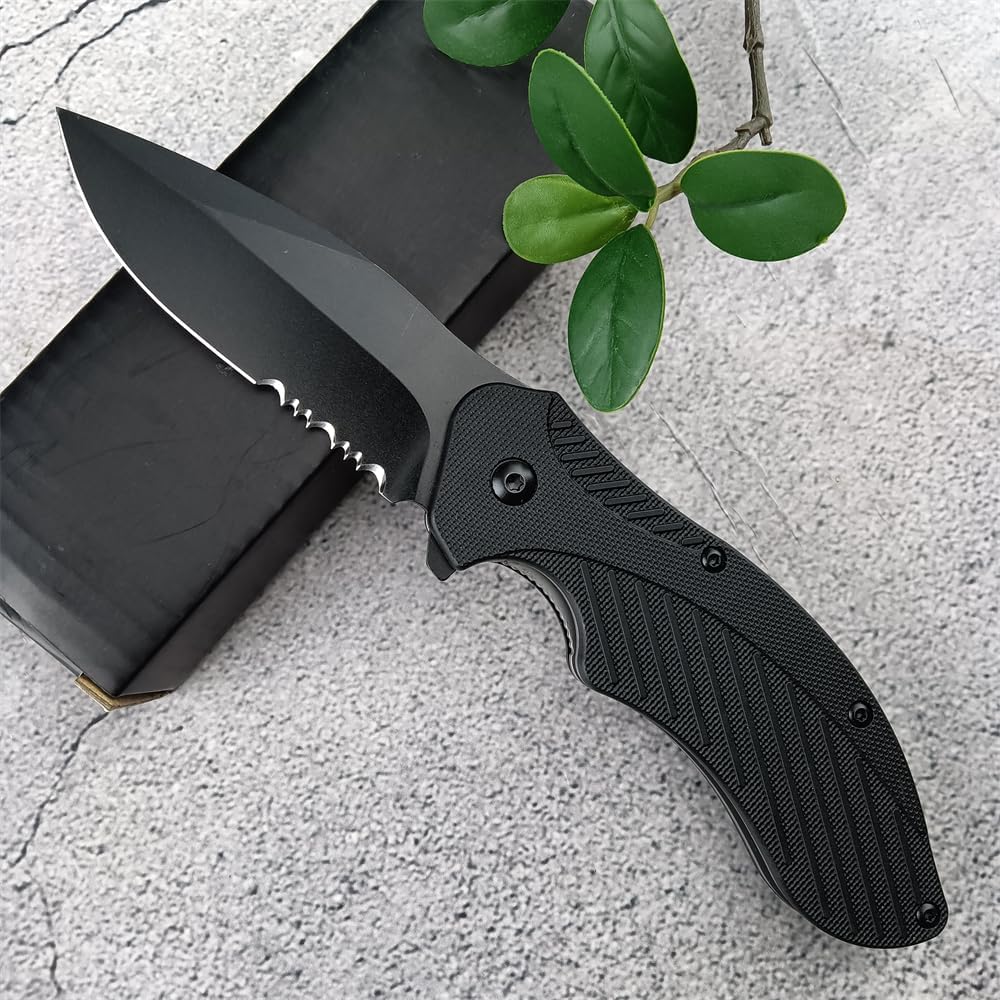 Generic Clash Black Serrated Pocket Folding knife, 3"" 8Cr13MoV Steel Drop Point Blade, Assisted One-Handed Flipper Opening, Utility EDC for Outdoor Camping Survival
