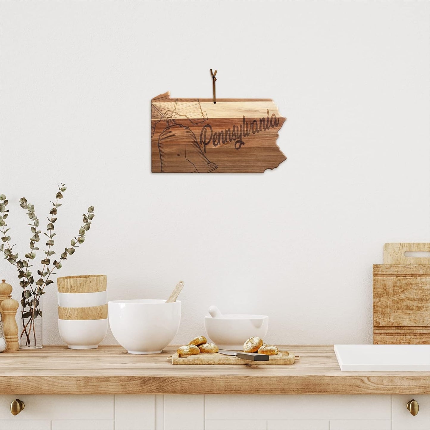 Totally Bamboo Rock & Branch Origins Series New York State Shaped Cutting Board and Charcuterie Serving Tray, Includes Hang Tie for Wall Display