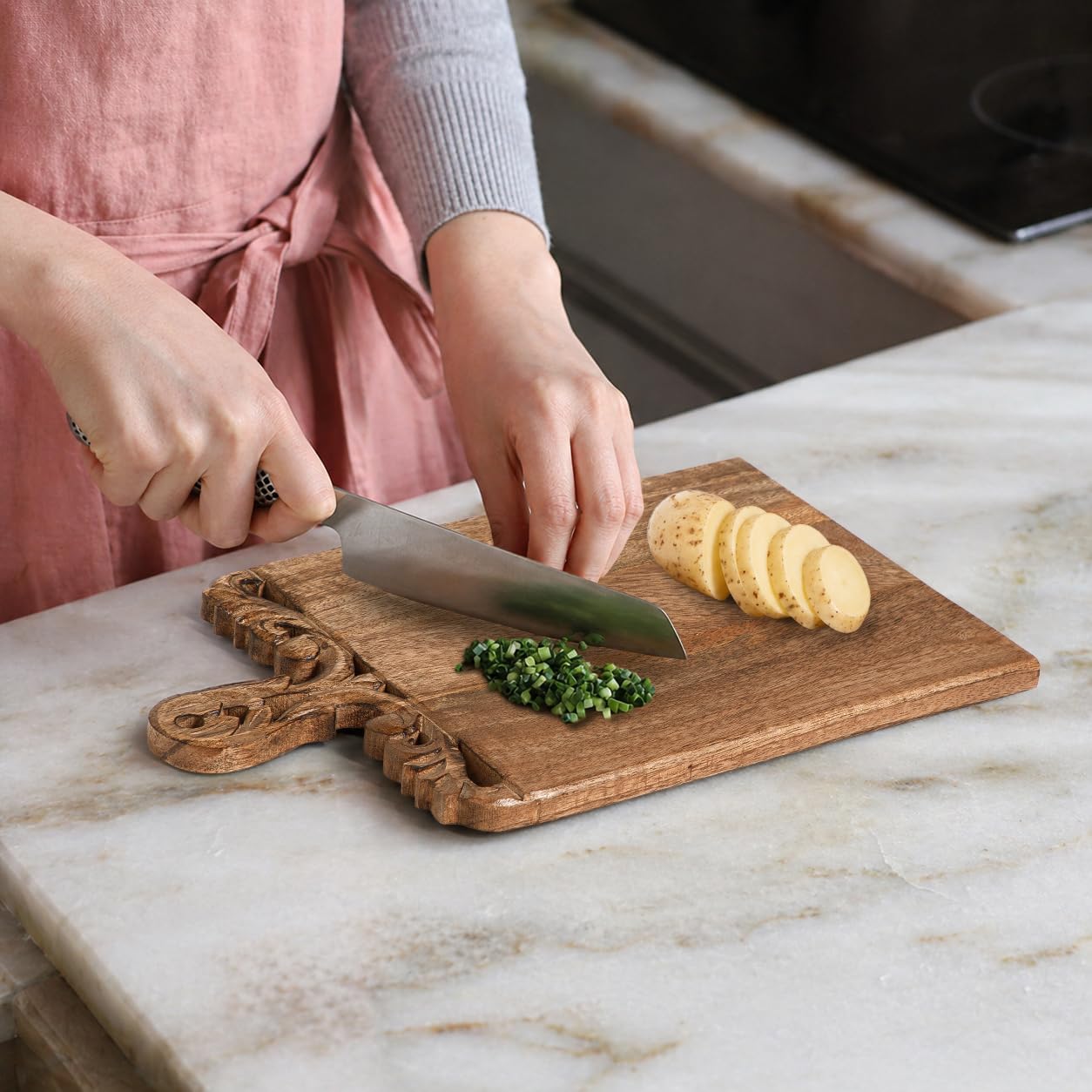 Lightnpro 16 Inch Natural Burnt Wood Chopping Board | Hand Carved Large Cutting Board & Vegetable Tray | Durable Reversible Rustic Kitchen Board | Premium Handcrafted Decorative