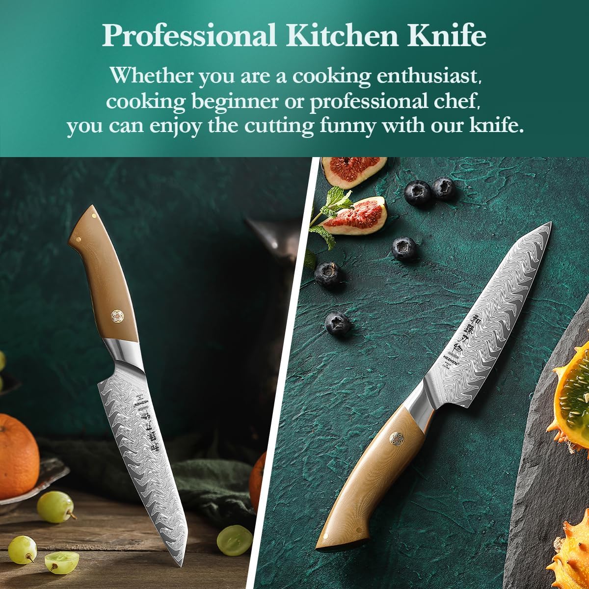 HEZHEN Damascus Chef Knife, 8.5 Inches, 67 Layers Damascus Steel, Professional Japanese Kitchen Knife for Chefs and Home Cooking, Ultra-sharp Blade with Linen Micarta Handle, Gift Packing