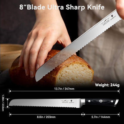 10" Bread Knife - Sourdough Slicing Knife Professional 5Cr15MoV Stainless Steel Serrated Knives, Ergonomic Wood Handle & Full Tang Design, Gift Box Included (Single-Edge