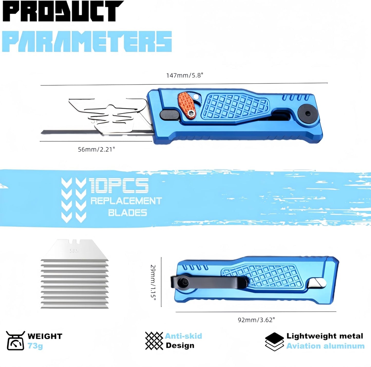 5.8" Aluminium Utility Knife, EDC Box Cutter with Clip, CNC Unibody, Lightweight All Metal Folding Box Cutter, Ideal Gifts for Men Women, with 10 Extra Blades（Orange）
