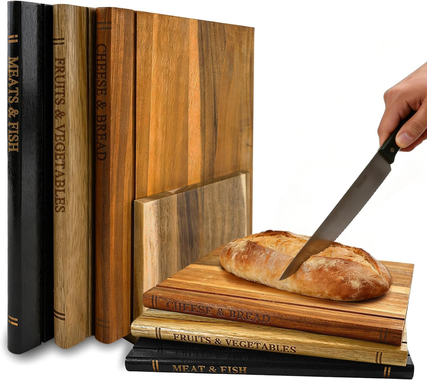 Book Cutting Board Set of 3 - Wooden Cutting Boards That Look Like Books with Stand, Acacia Wood for Meat, Vegetables, Cheese & Bread - Unique Kitchen Decor & Hygienic Gift